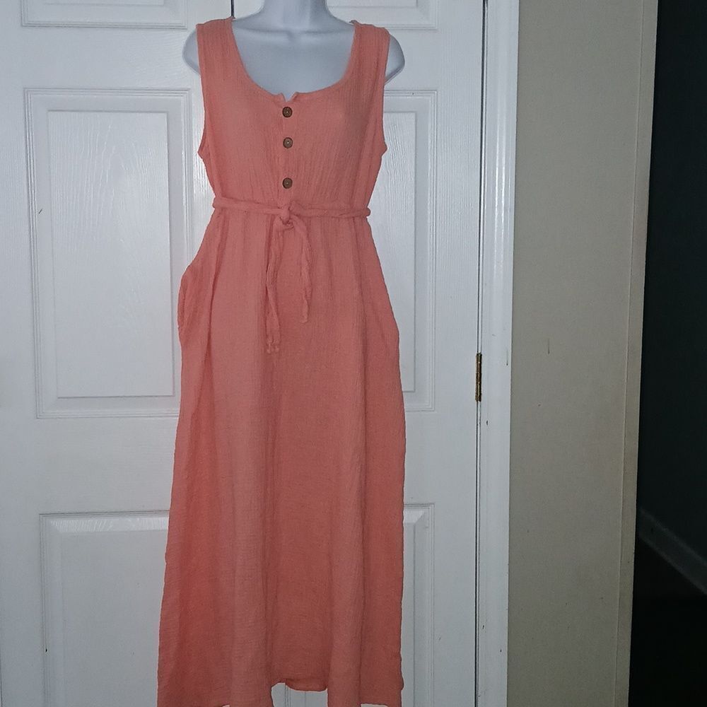 Peach soft waffle texture belted sleeveless maxi dress with pockets Sz XL